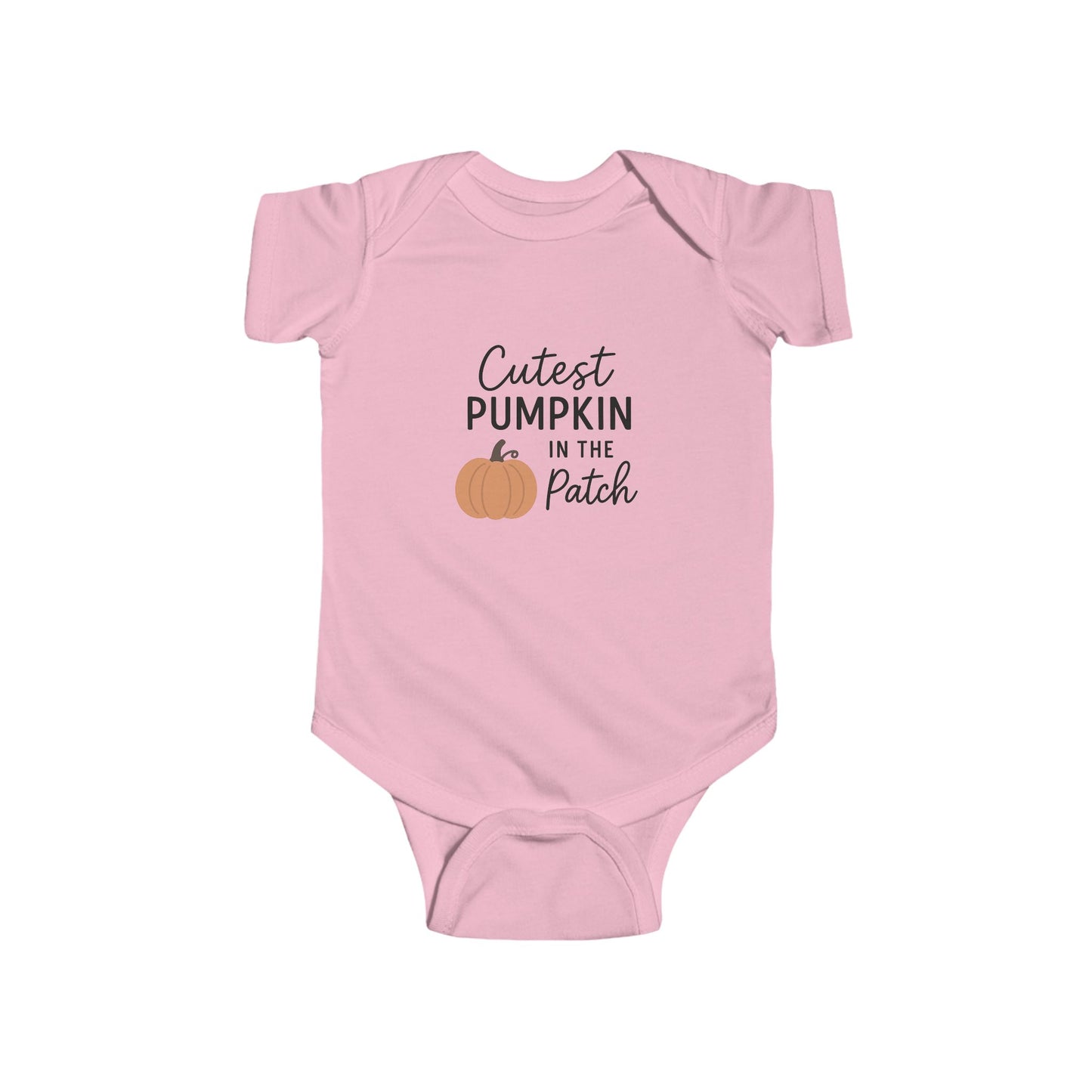 Pink baby onesie with 'Cutest Pumpkin in the Patch' text and pumpkin graphic on a white background