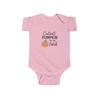 Pink baby onesie with 'Cutest Pumpkin in the Patch' text and pumpkin graphic on a white background