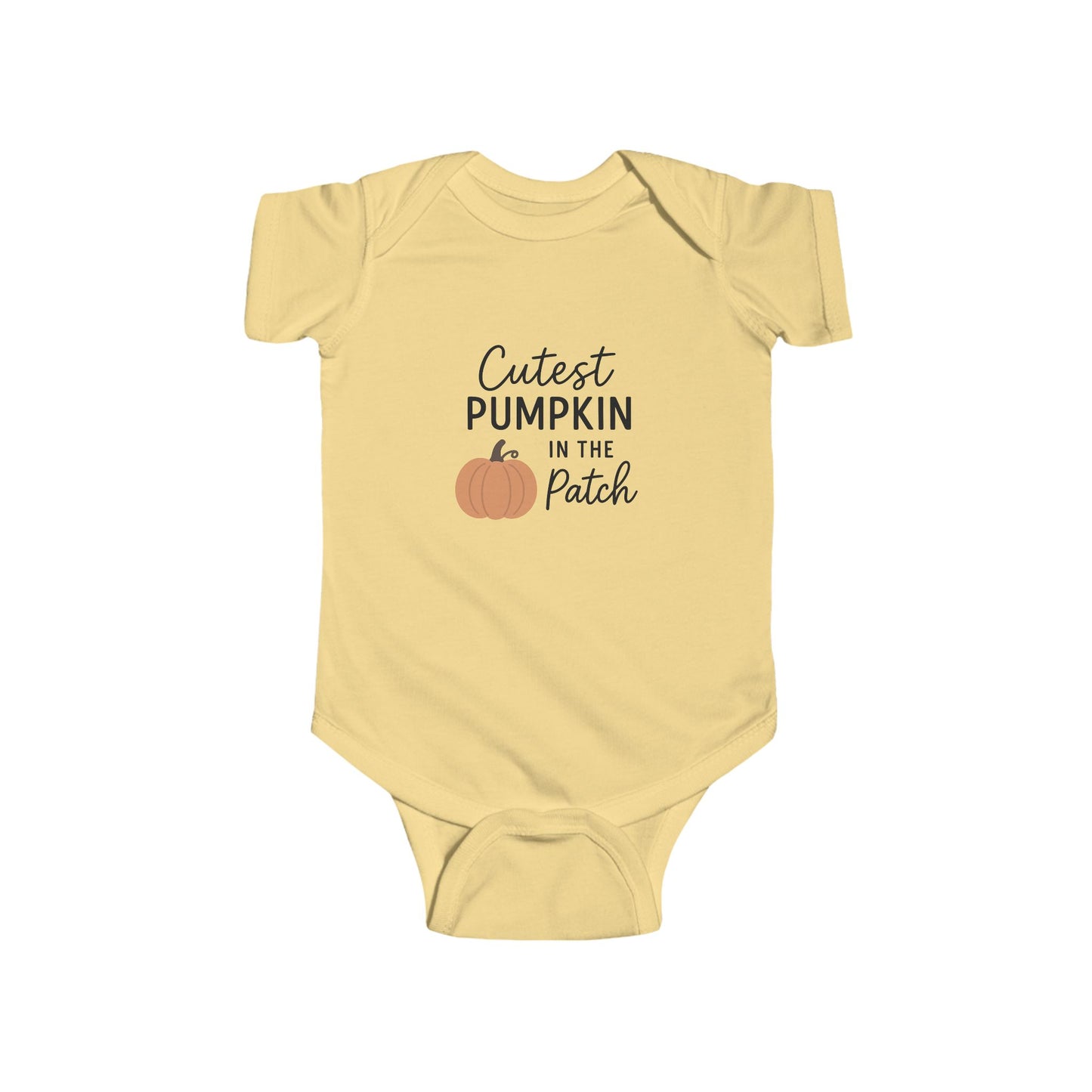 Yellow baby onesie with 'Cutest Pumpkin in the Patch' text and pumpkin graphic on a white background
