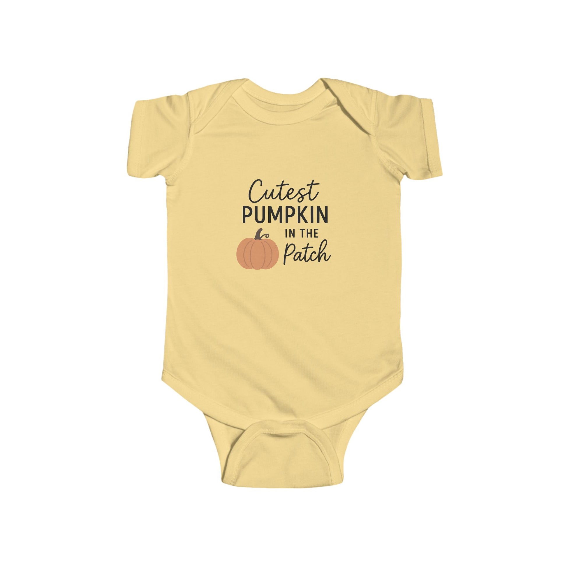 Yellow baby onesie with 'Cutest Pumpkin in the Patch' text and pumpkin graphic on a white background
