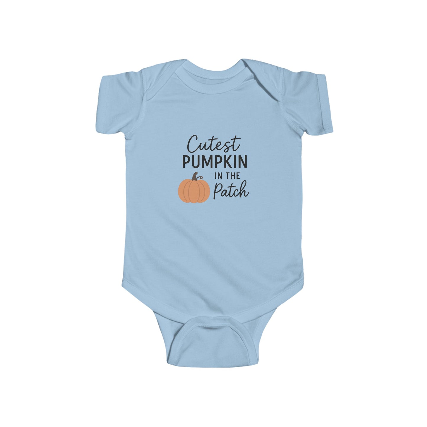 Light blue baby onesie with 'Cutest Pumpkin in the Patch' text and pumpkin graphic on a white background