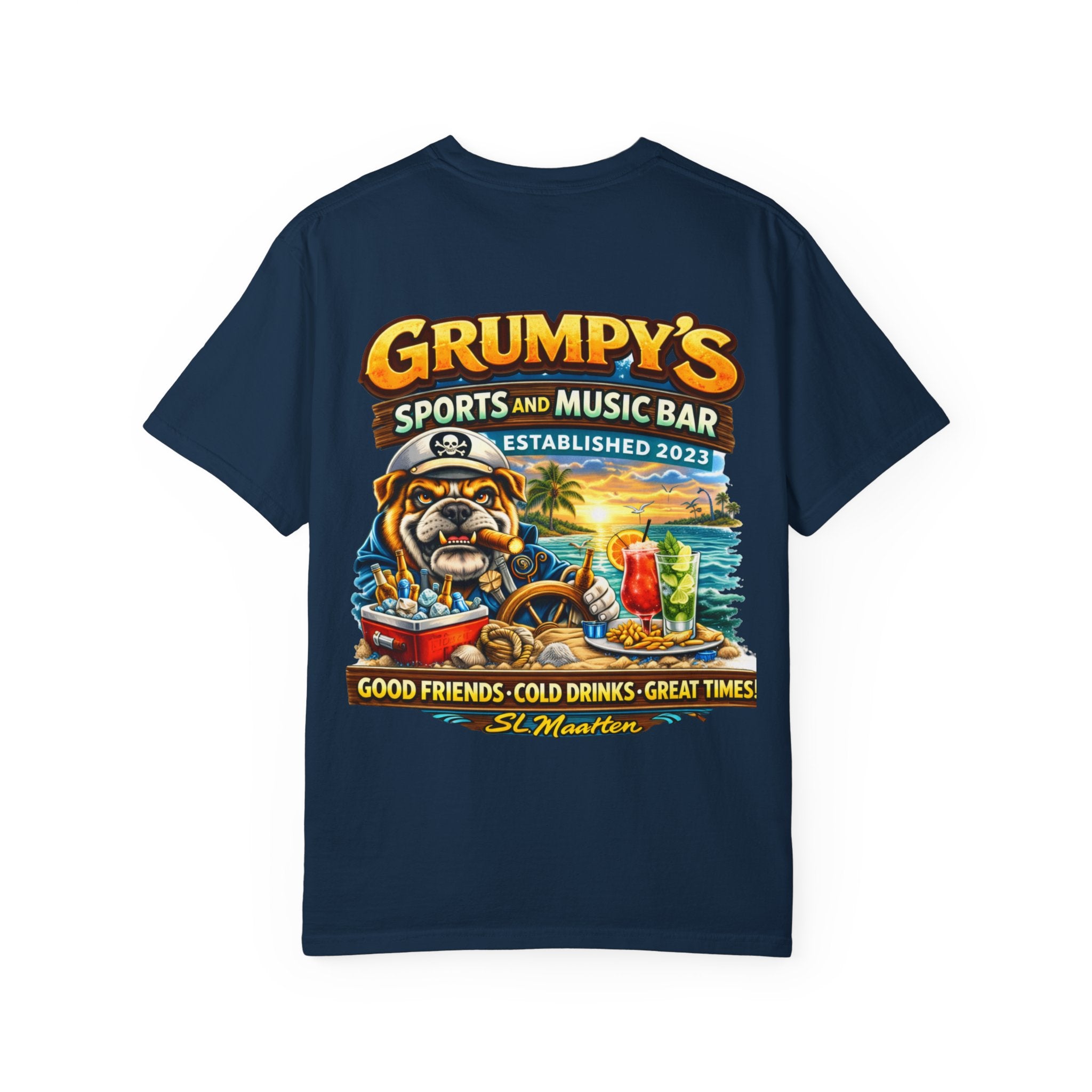 Chambray Grumpy's St. Maarten T-Shirt – Sports Bar Logo Tee, t-shirt product image 21, size XL.