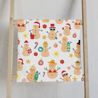 Fabric with a pattern of cartoon snowmen on a wooden ladder against a light background