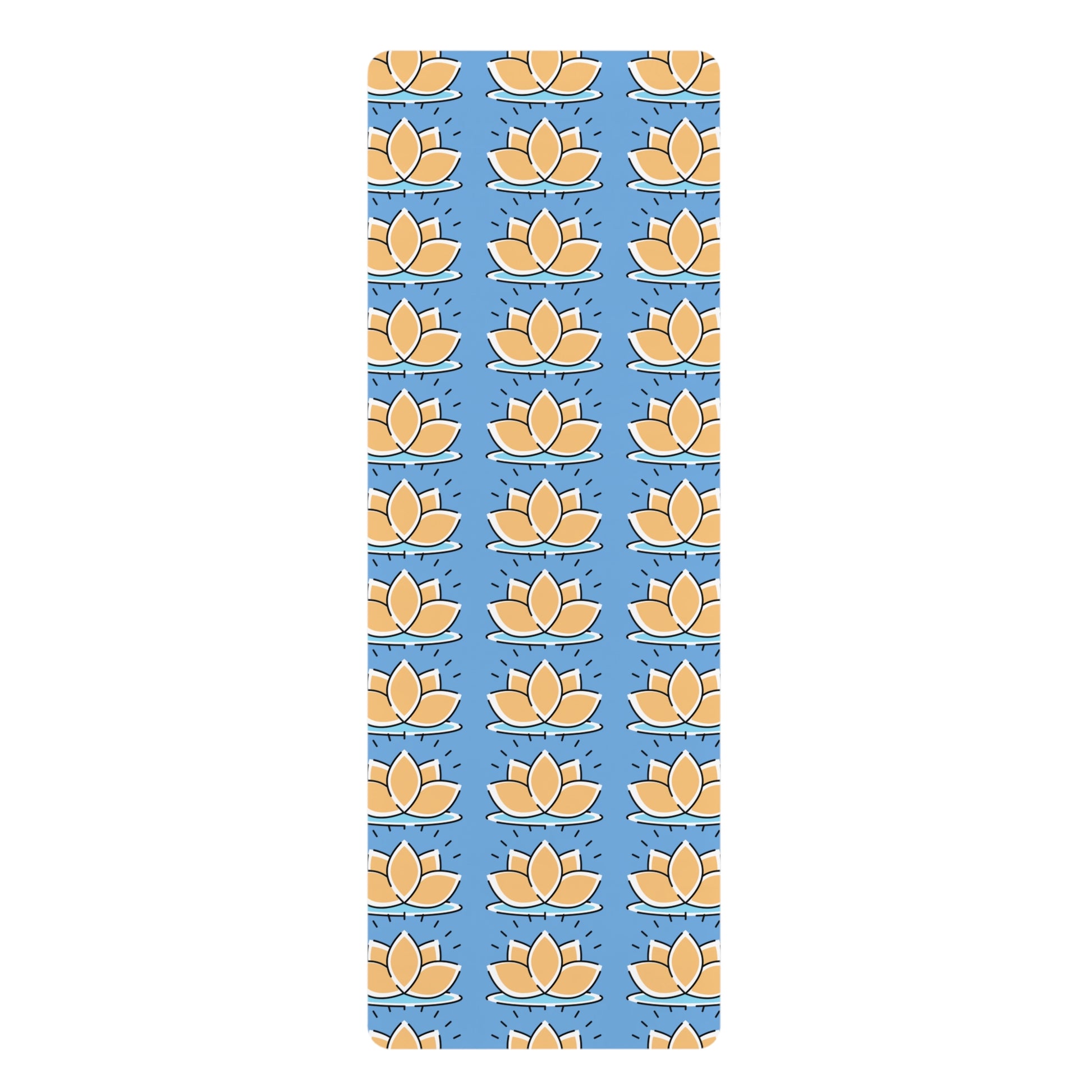 Yoga mat with lotus flower pattern on a blue background