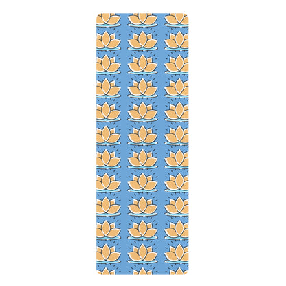 Yoga mat with lotus flower pattern on a blue background