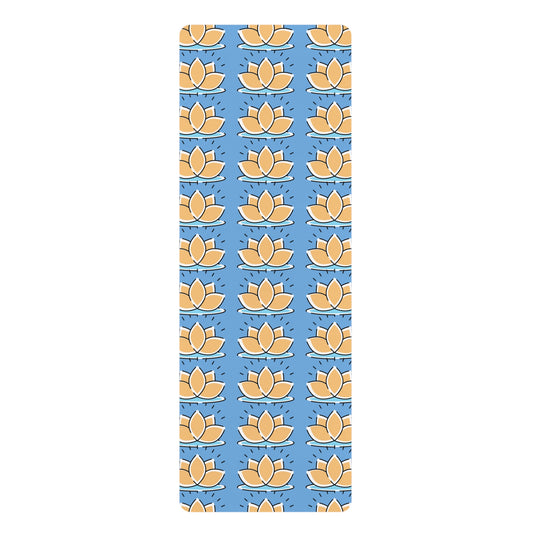 Yoga mat with lotus flower pattern on a blue background