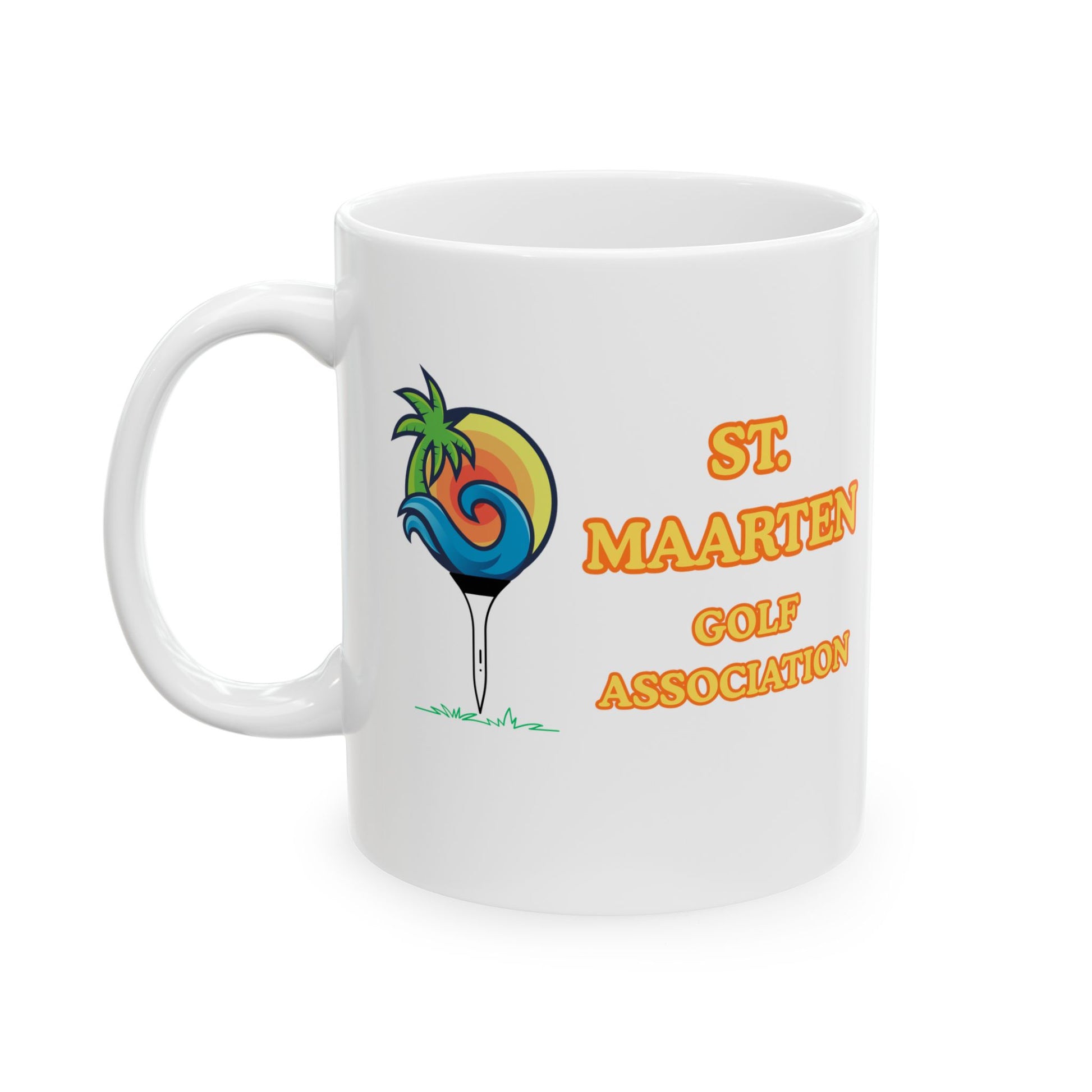White mug with St Maarten Golf Association logo featuring a colorful golf ball and palm tree on a white background.