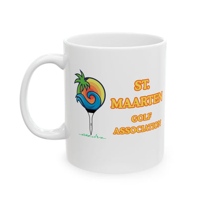White mug with St Maarten Golf Association logo featuring a colorful golf ball and palm tree on a white background.