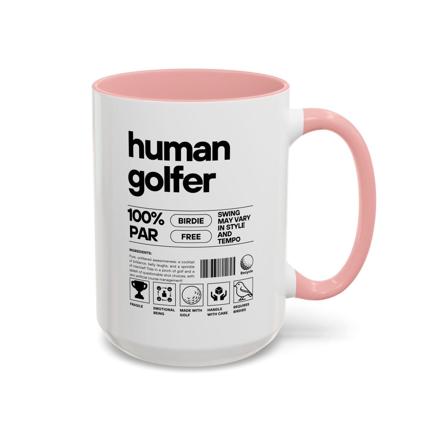 White mug with pink interior and handle featuring 'human golfer' text and graphics on a white background