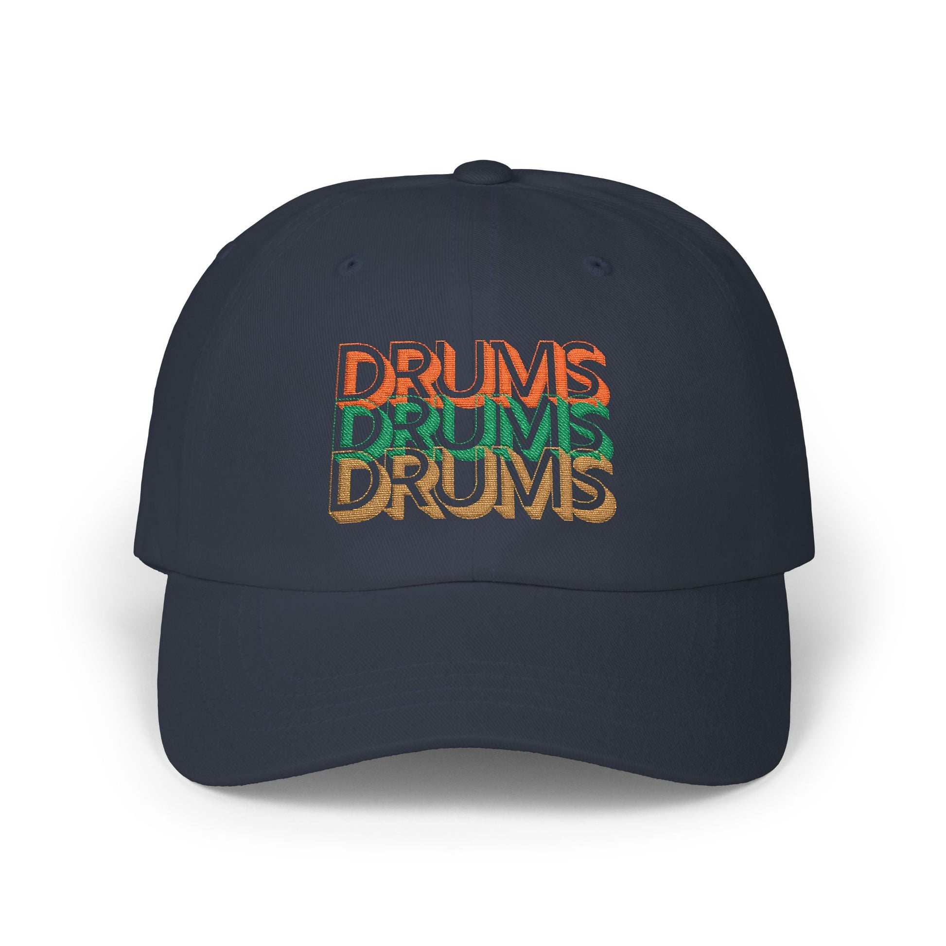 Navy blue cap with 'DRUMS' text in orange and green on a white background
