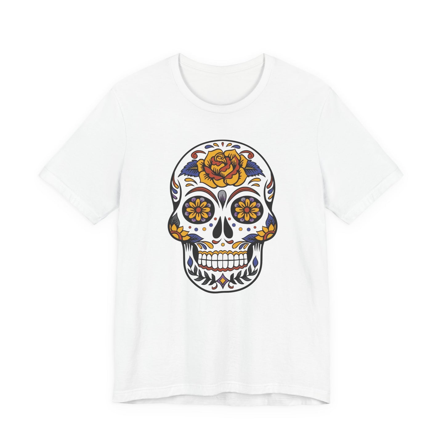 White t-shirt with a colorful sugar skull design on a white background