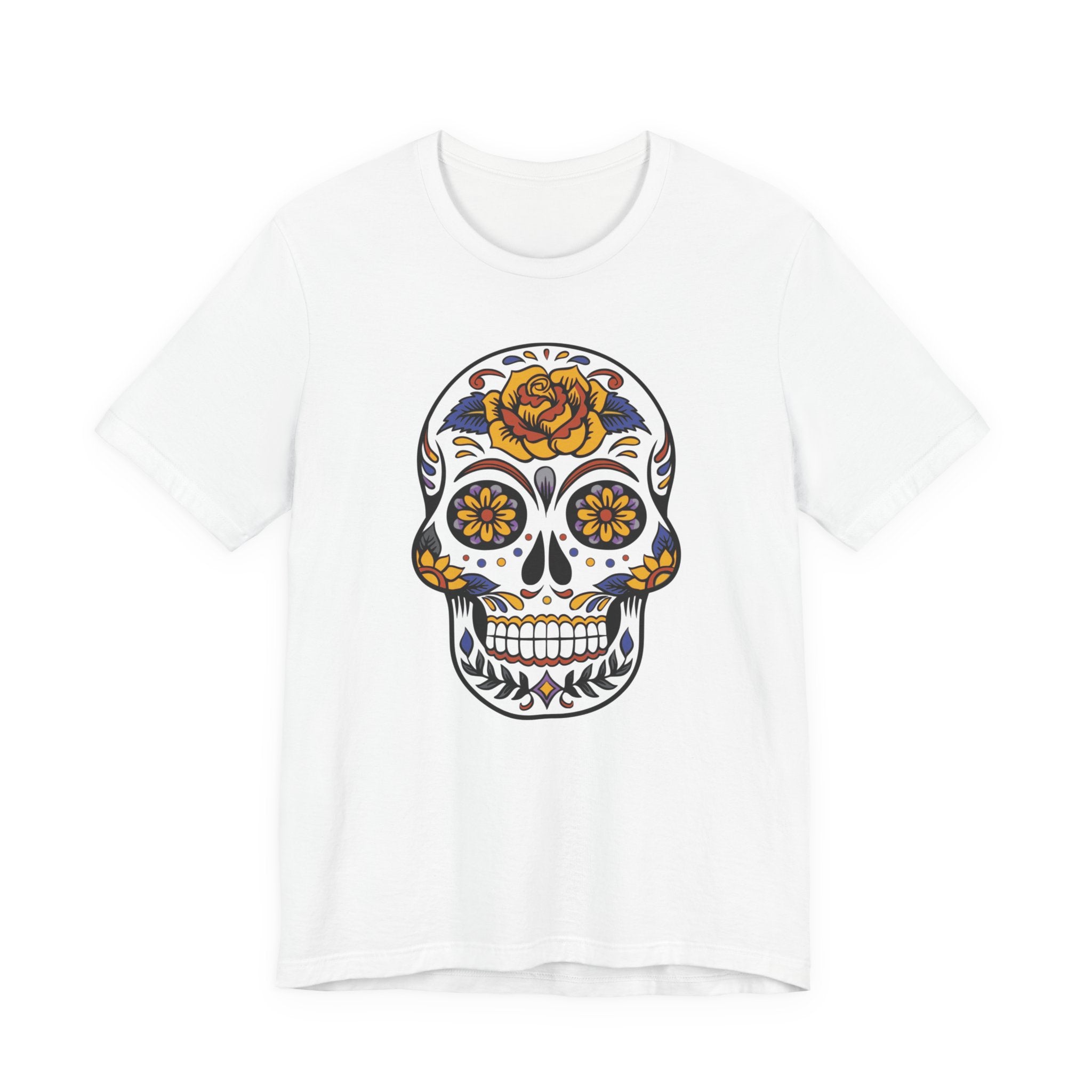 White t-shirt with a colorful sugar skull design on a white background