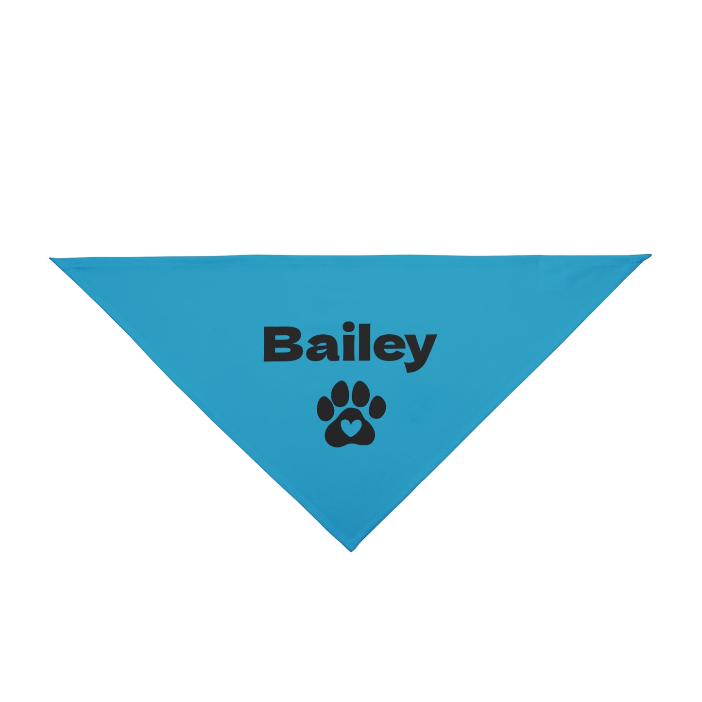 Blue triangular dog bandana with 'Bailey' and a paw print on a white background