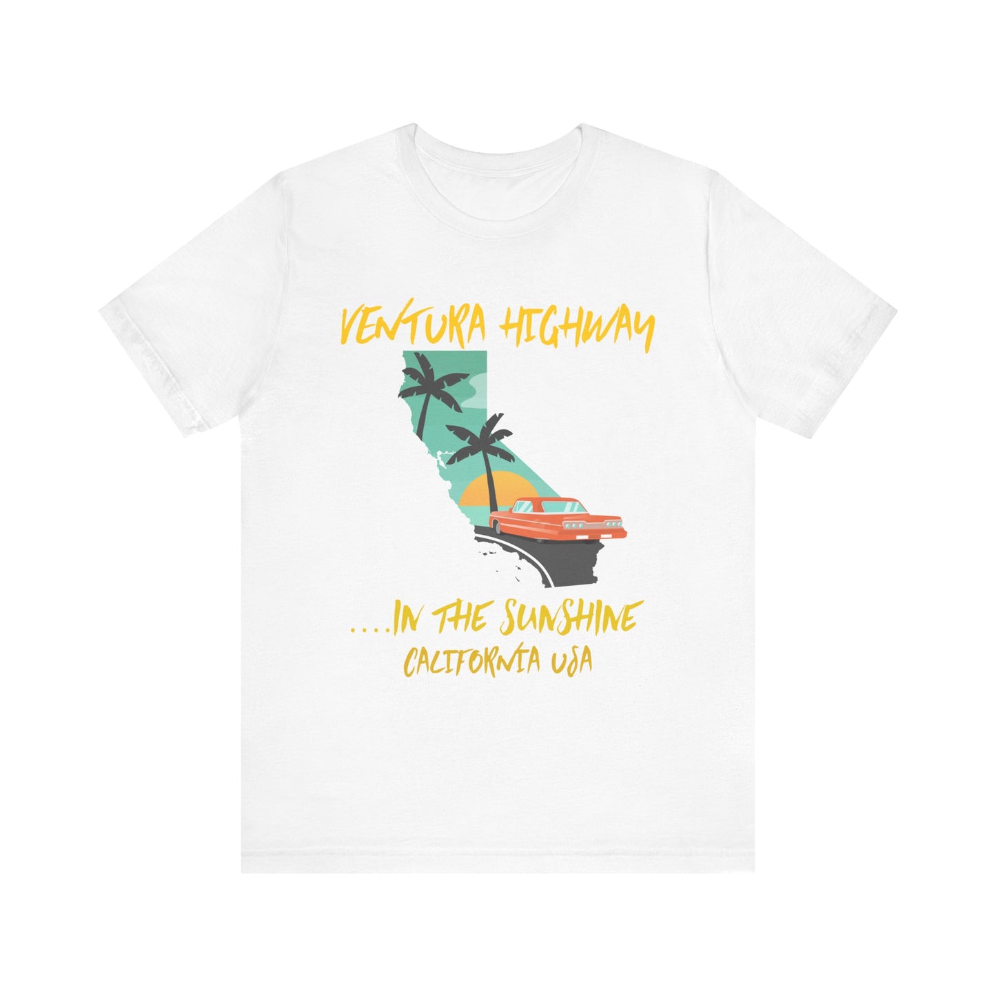 White t-shirt with a graphic design of California and text on a white background