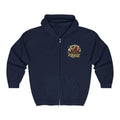 Navy full-zip hoodie with a small stained-glass red dragon crest on the left chest.