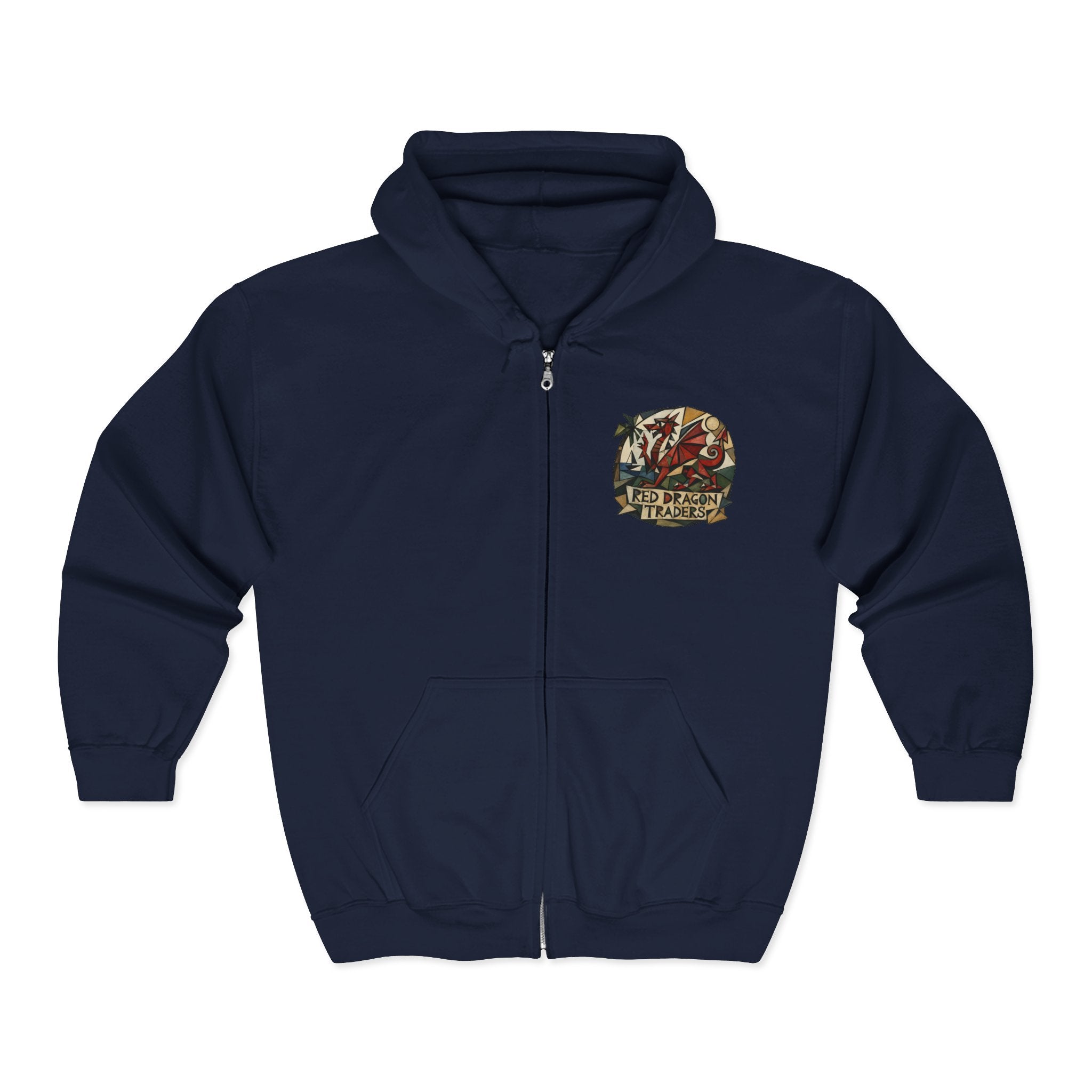 Red Dragon Traders Zip Hoodie — Vintage Fantasy Logo Hooded Sweatshirt