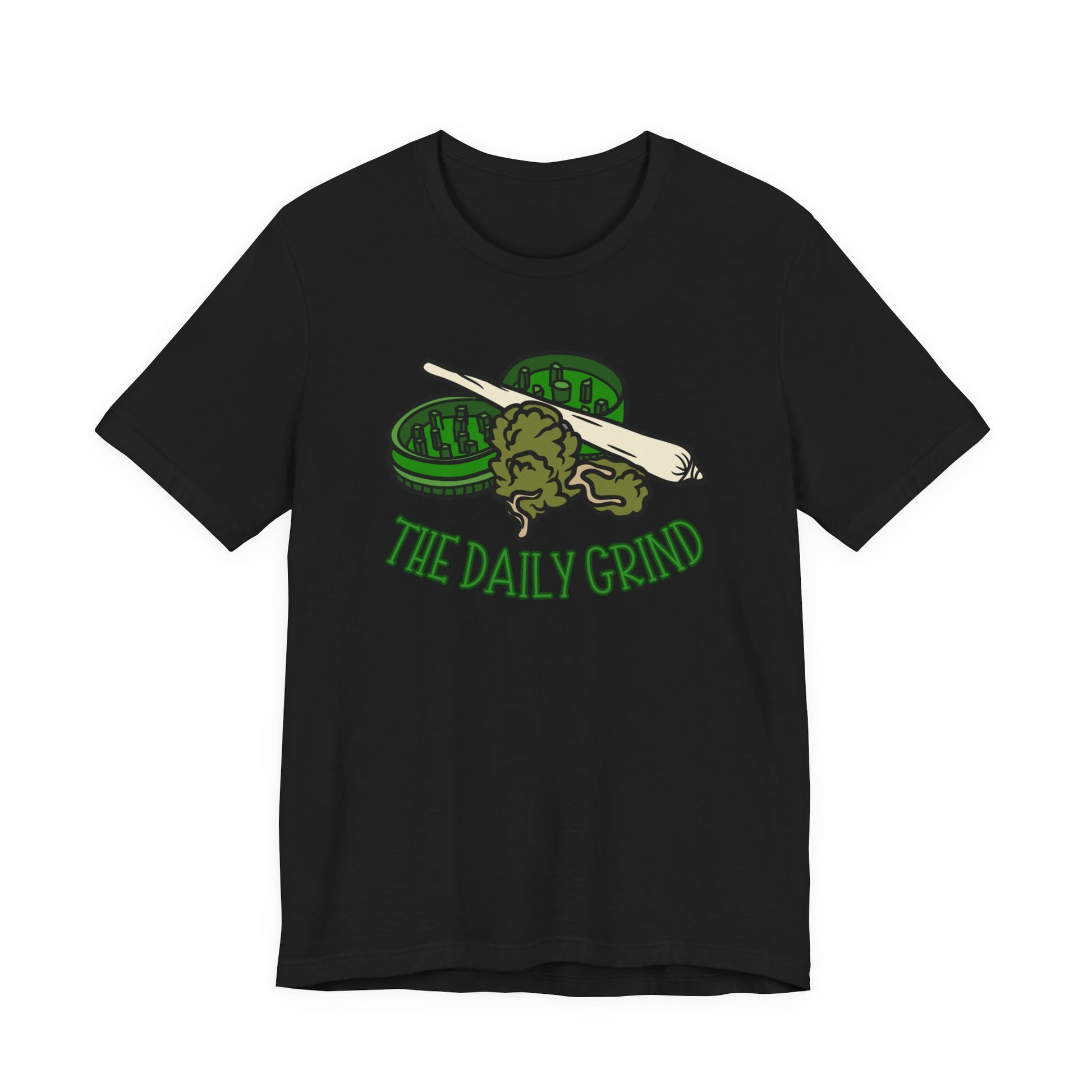 Black t-shirt with green graphic and 'The Daily Grind' text on a white background