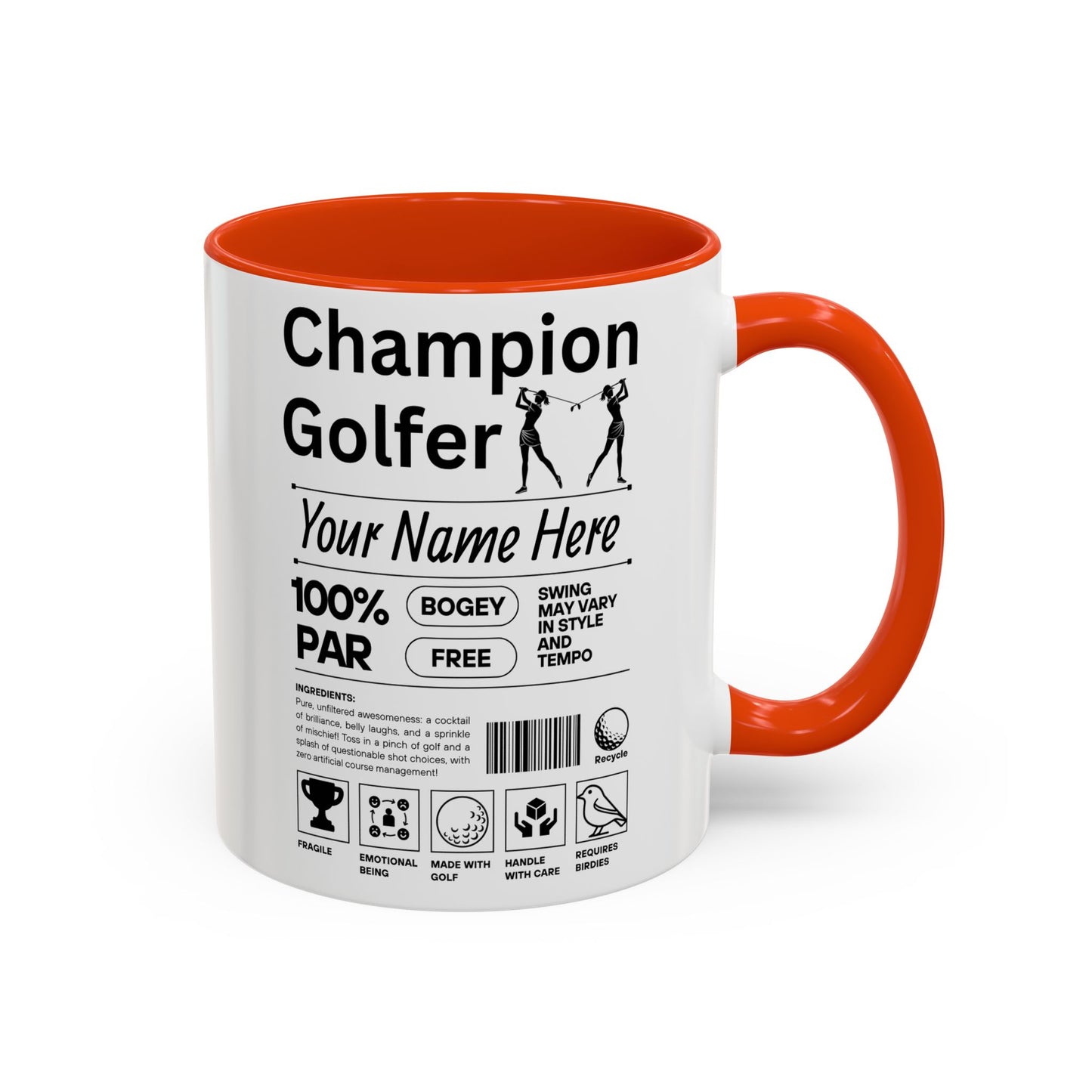 Mug with 'Champion Golfer' design on a white background and orange mug. 