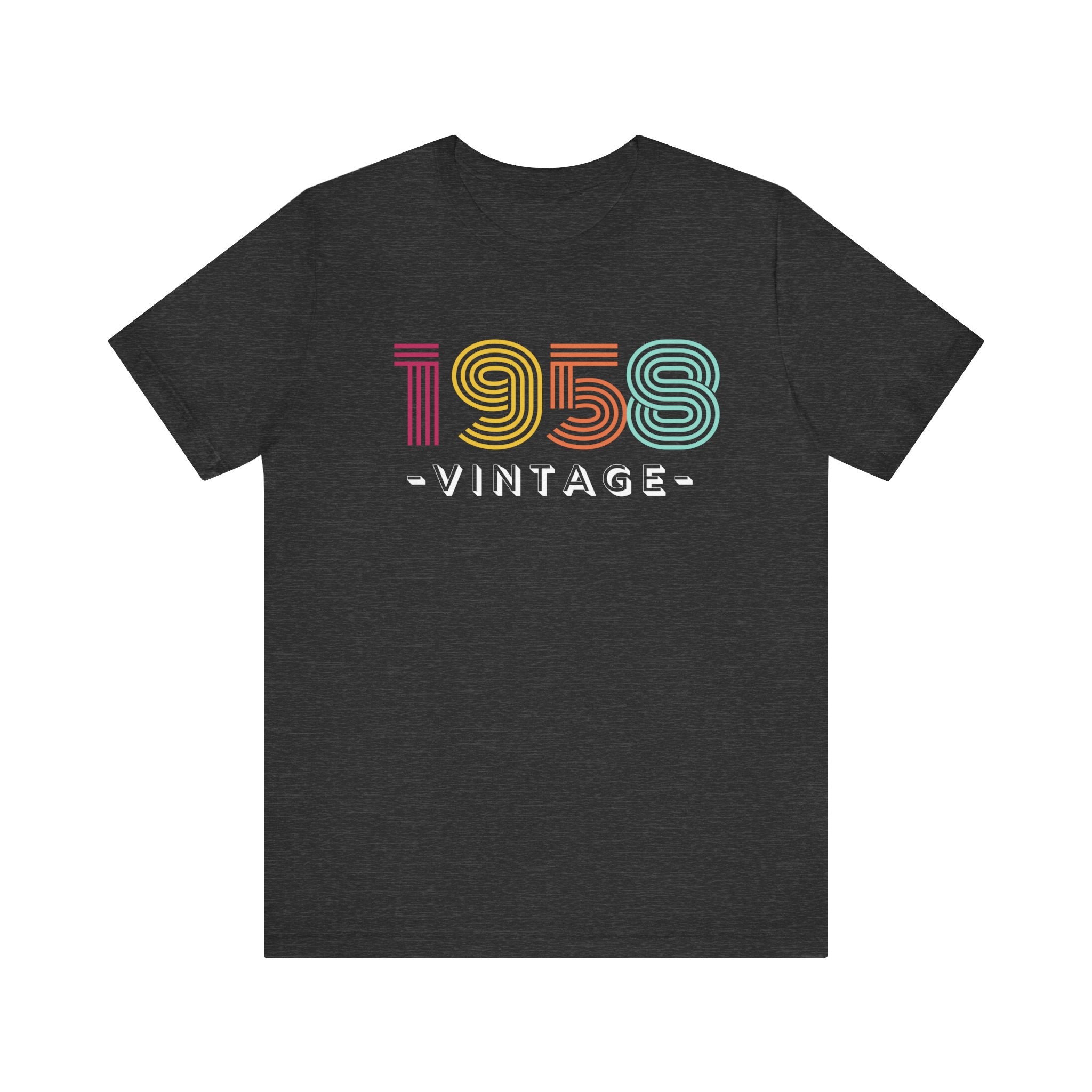 Black t-shirt with '1958 vintage' text in colorful letters on a white background