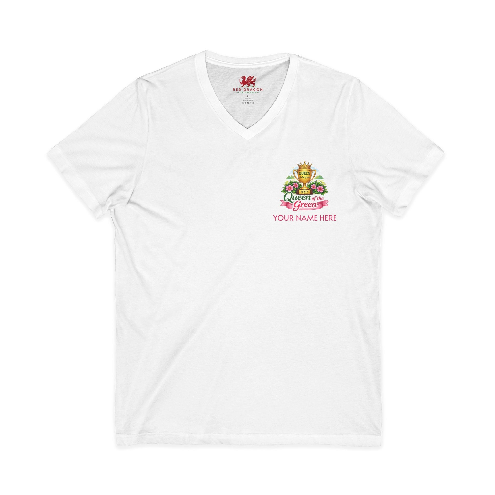 White t-shirt with a colorful logo and text on a white background