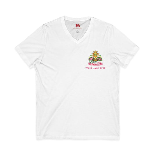 White t-shirt with a colorful logo and text on a white background