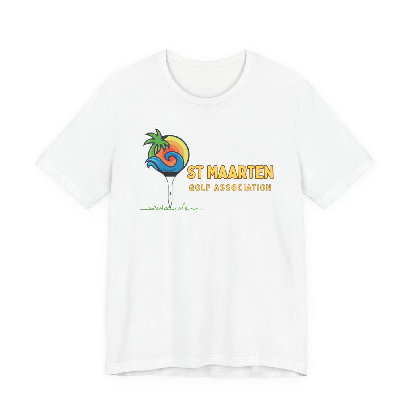 White t-shirt with a colorful logo and 'St Maarten Golf Association' text on a white background