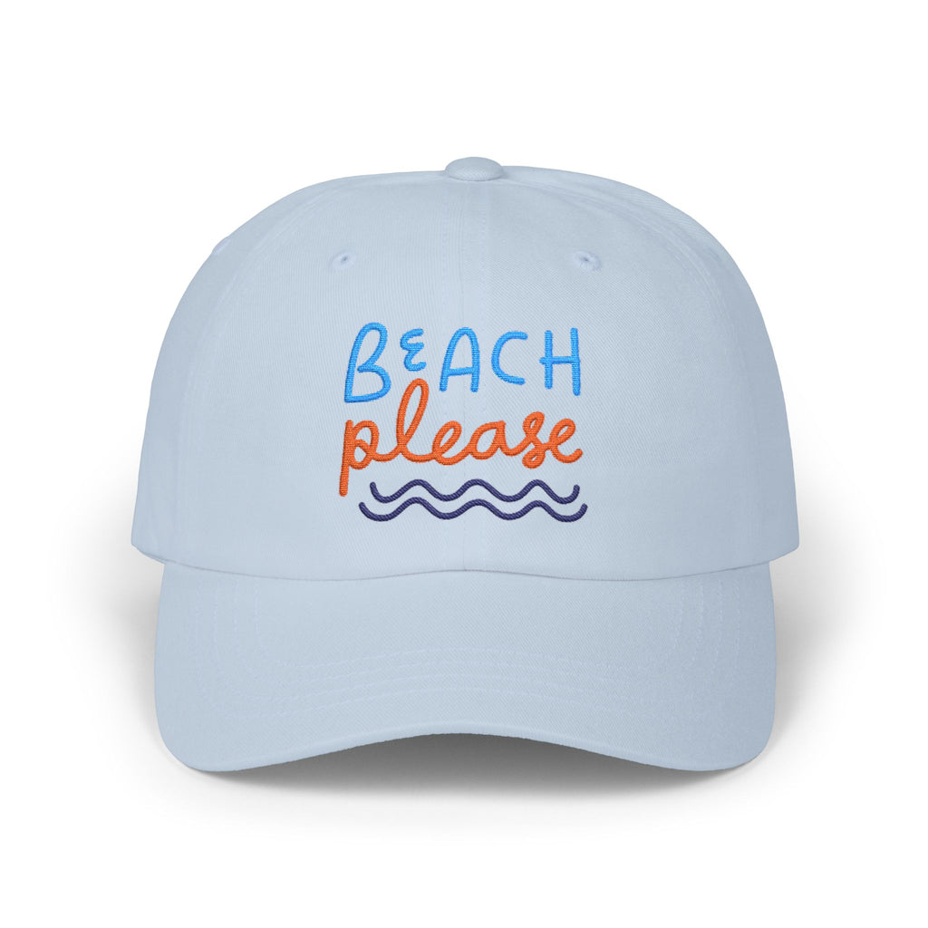 Light blue dad cap with embroidered 'Beach Please' text in blue and orange with a wave, front view on a white background