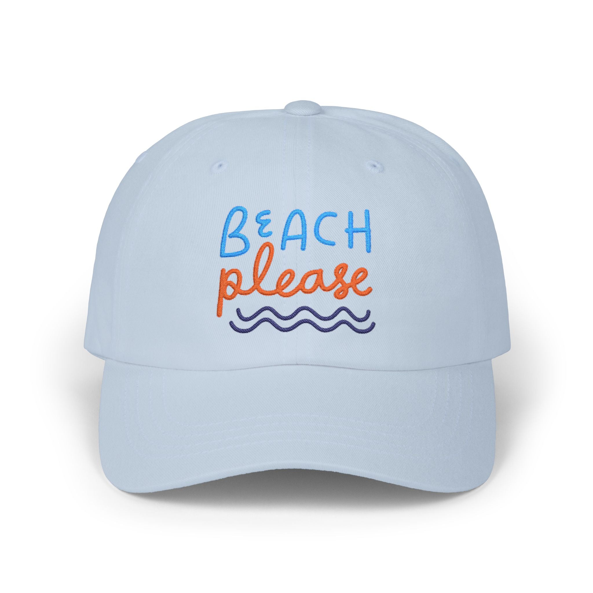 Light blue dad cap with embroidered 'Beach Please' text in blue and orange with a wave, front view on a white background