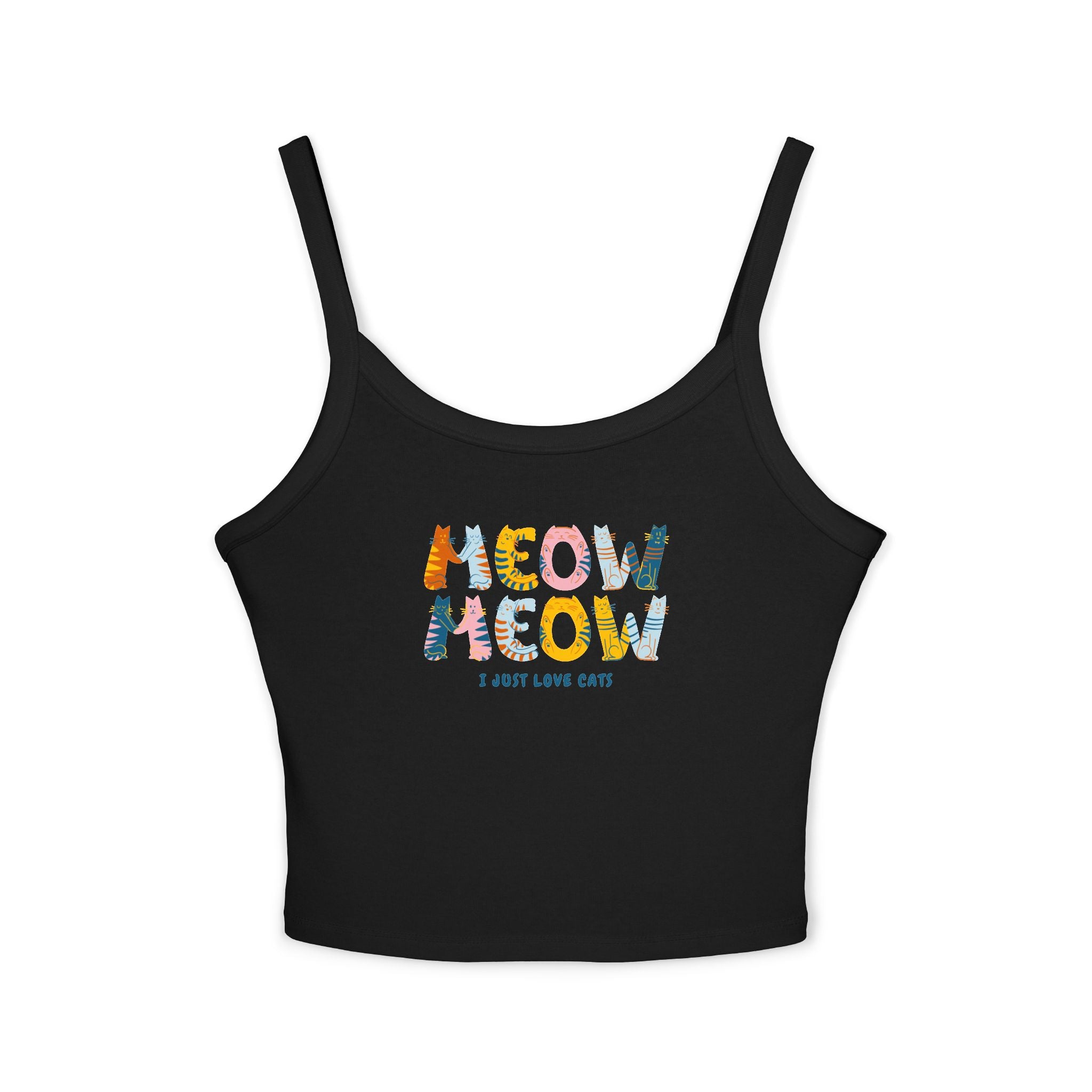 Black tank top with colorful 'MEOW MEOW' text on a white background