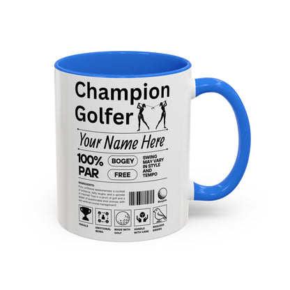 Mug with 'Champion Golfer' design and customizable text on a white background and blue mug.