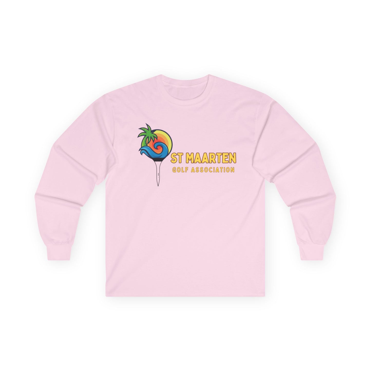 Pink long-sleeve shirt with a colorful logo and text on a white background