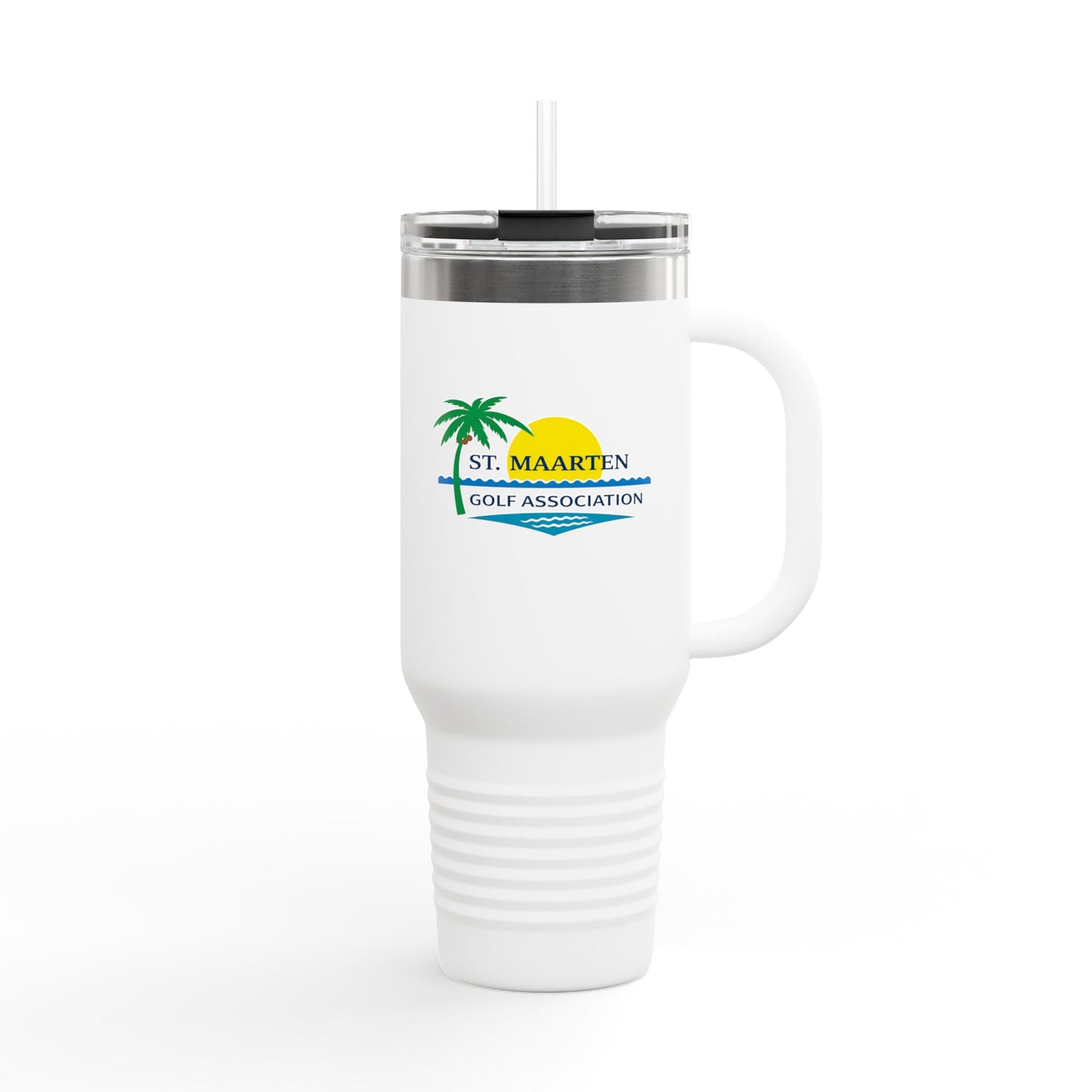 White travel mug with a logo on a white background