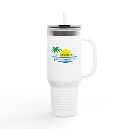White travel mug with a logo on a white background