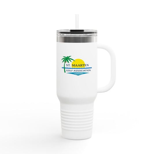 White travel mug with a logo on a white background