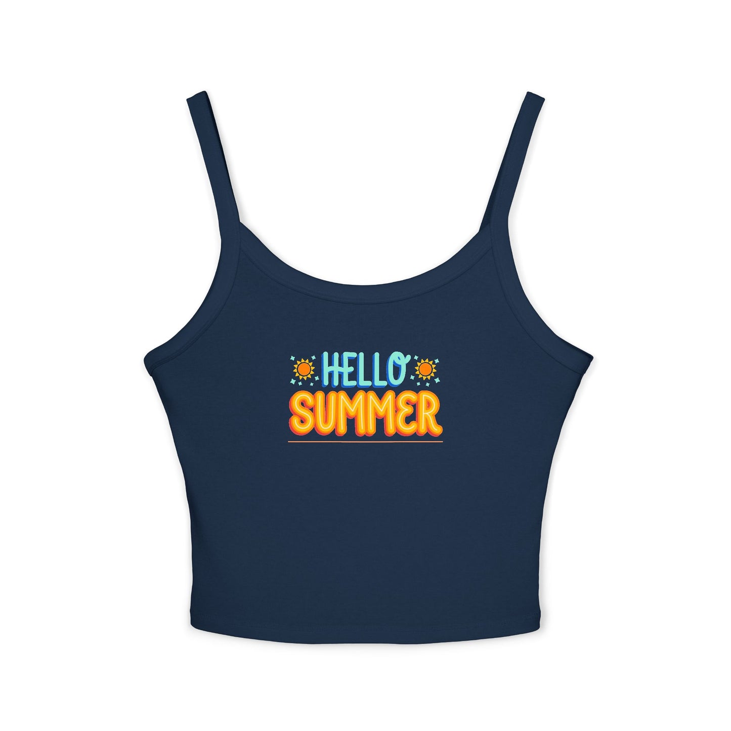 Navy blue tank top with 'Hello Summer' text on a white background