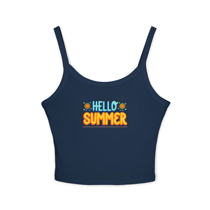 Navy blue tank top with 'Hello Summer' text on a white background