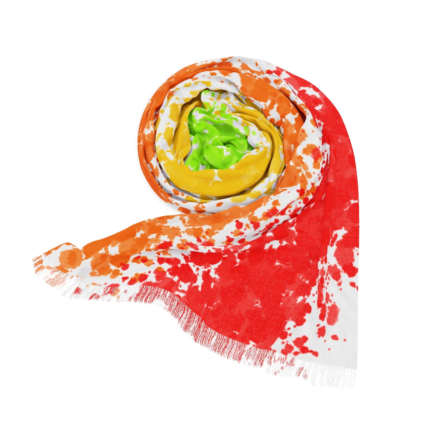 Colorful scarf with a red, orange, yellow, and green pattern on a white background