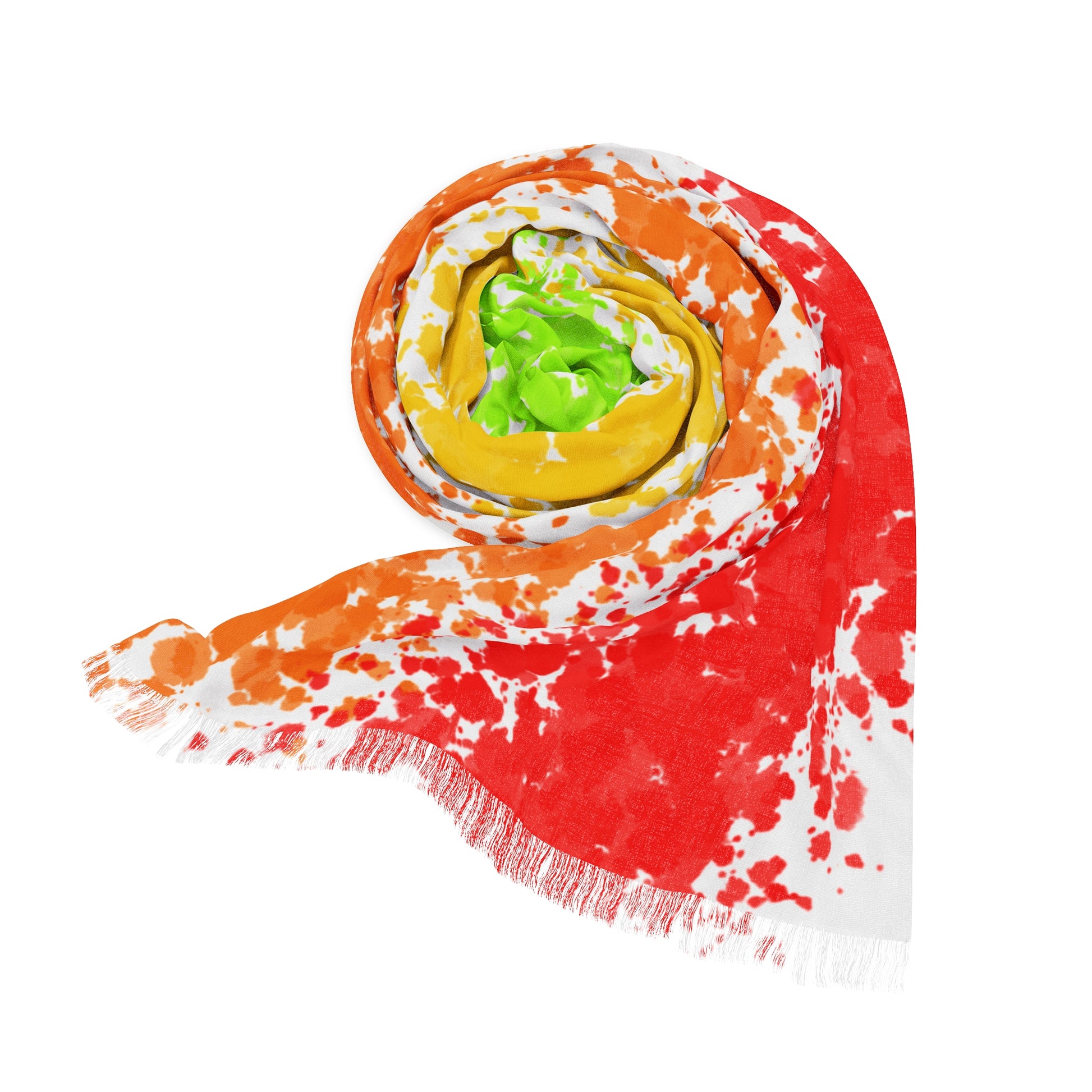 Colorful scarf with a red, orange, yellow, and green pattern on a white background