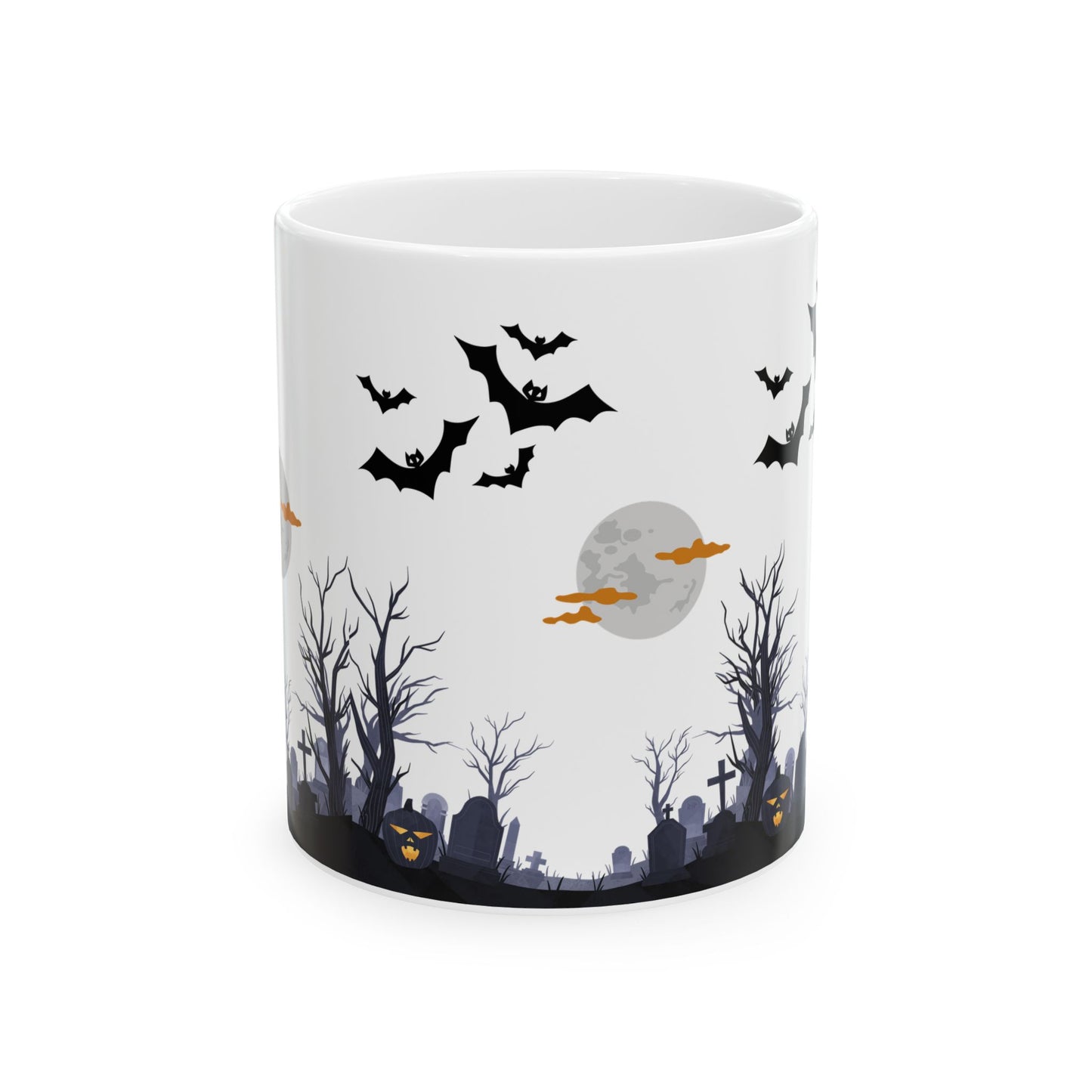 White mug with Halloween-themed design featuring bats, a moon, and trees on a white background