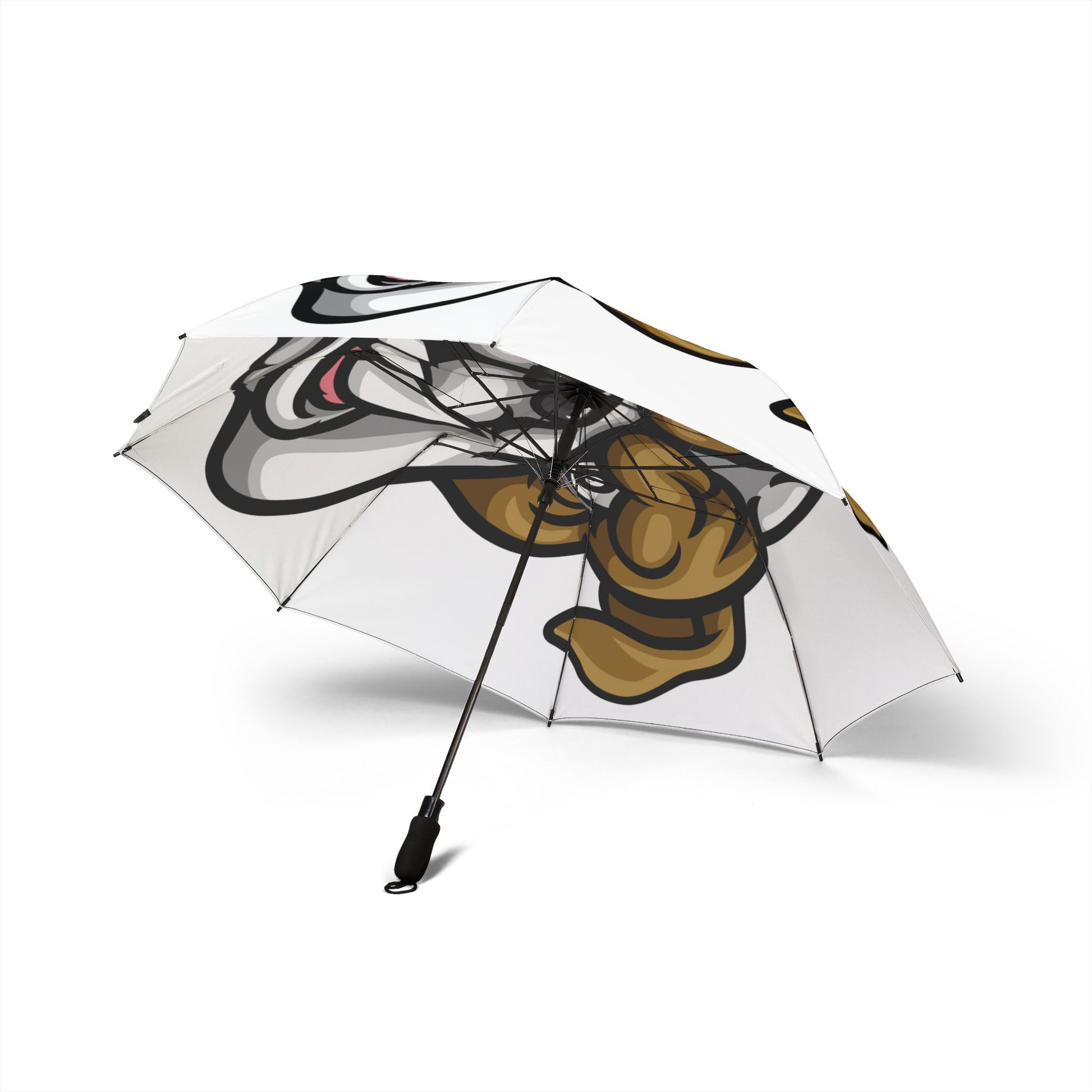 Umbrella with a cartoon bull dog design on a white background