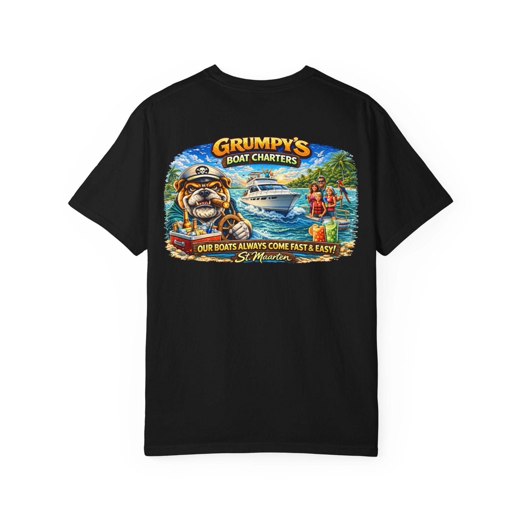 Black t-shirt with a graphic of a bulldog, boat, and people on a lake, featuring 'Grumpy's Boat Charters' text.