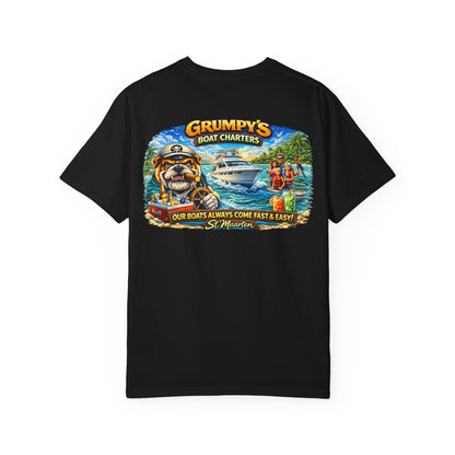 Black t-shirt with a graphic of a bulldog, boat, and people on a lake, featuring 'Grumpy's Boat Charters' text.