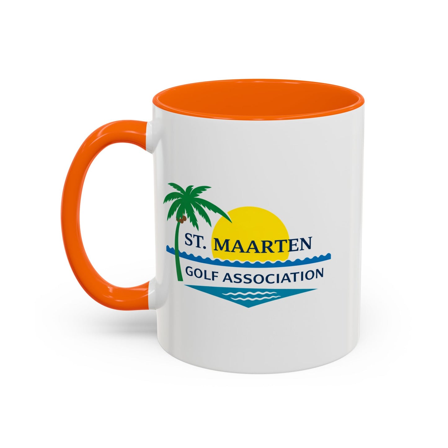 White mug with orange handle featuring St. Maarten Golf Association logo on a white background