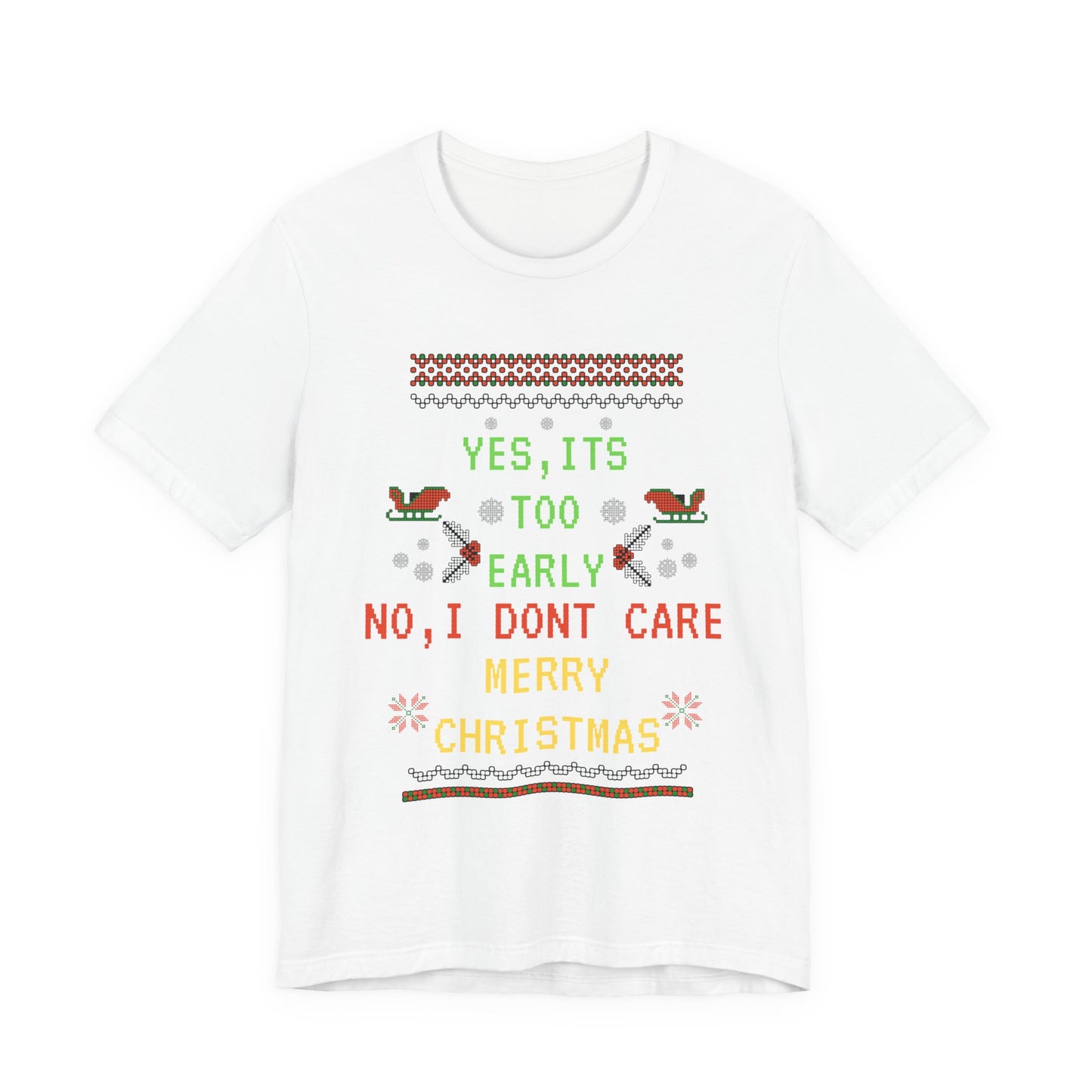 White t-shirt with Christmas-themed text and graphics on a white background