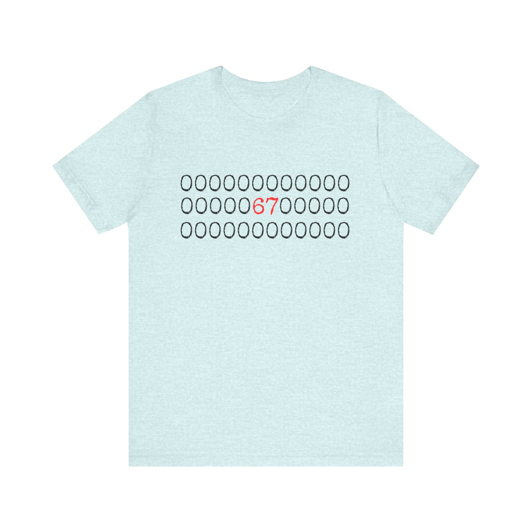 Ice blue heather t-shirt with rows of black circles and a red '67' in the center on a white background