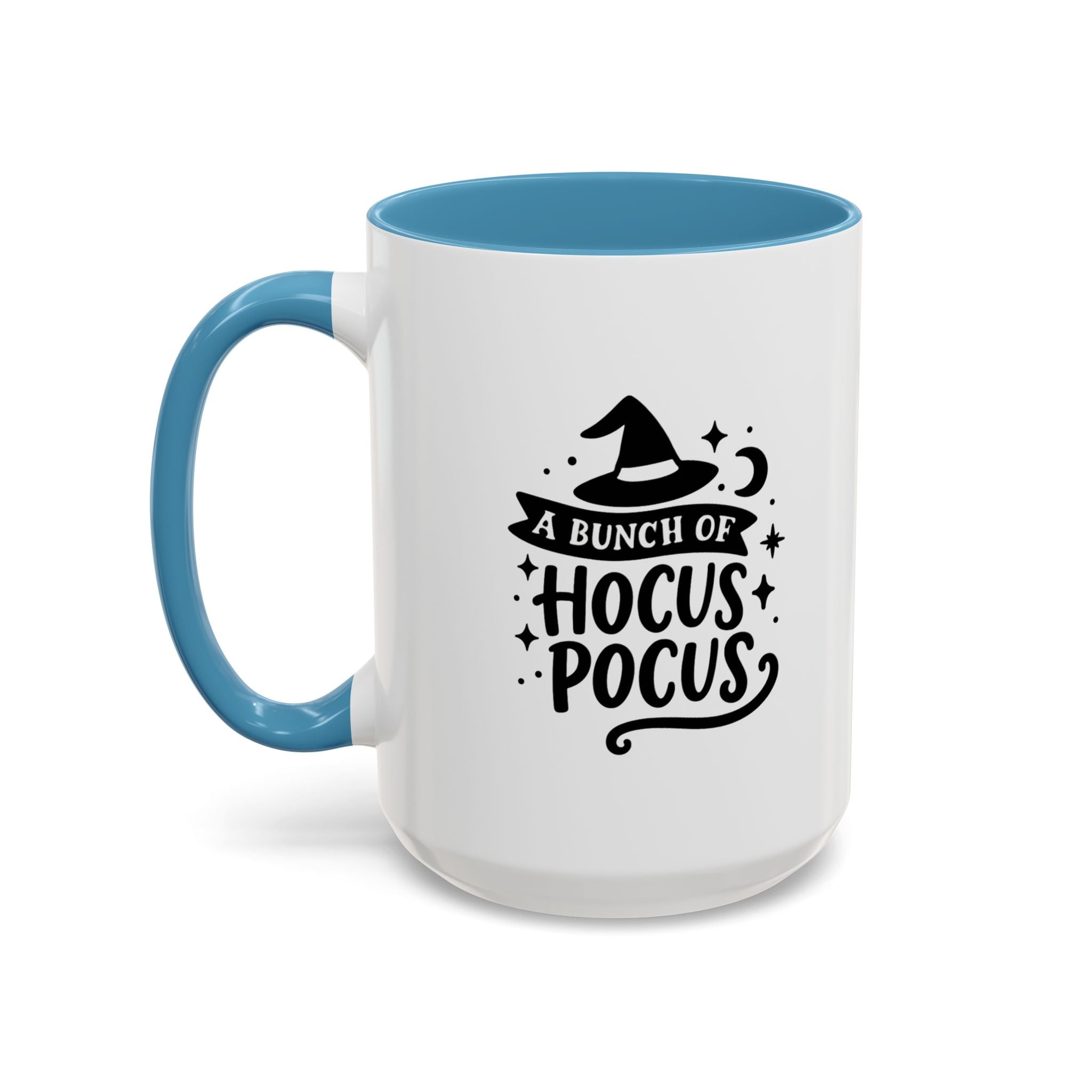 White two-tone coffee mug with a light blue handle and interior and a black 'A Bunch of Hocus Pocus' witch-hat design, on a white background