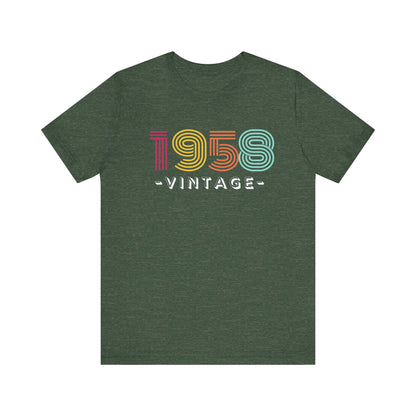 Green t-shirt with '1958 vintage' text in colorful letters on a white background