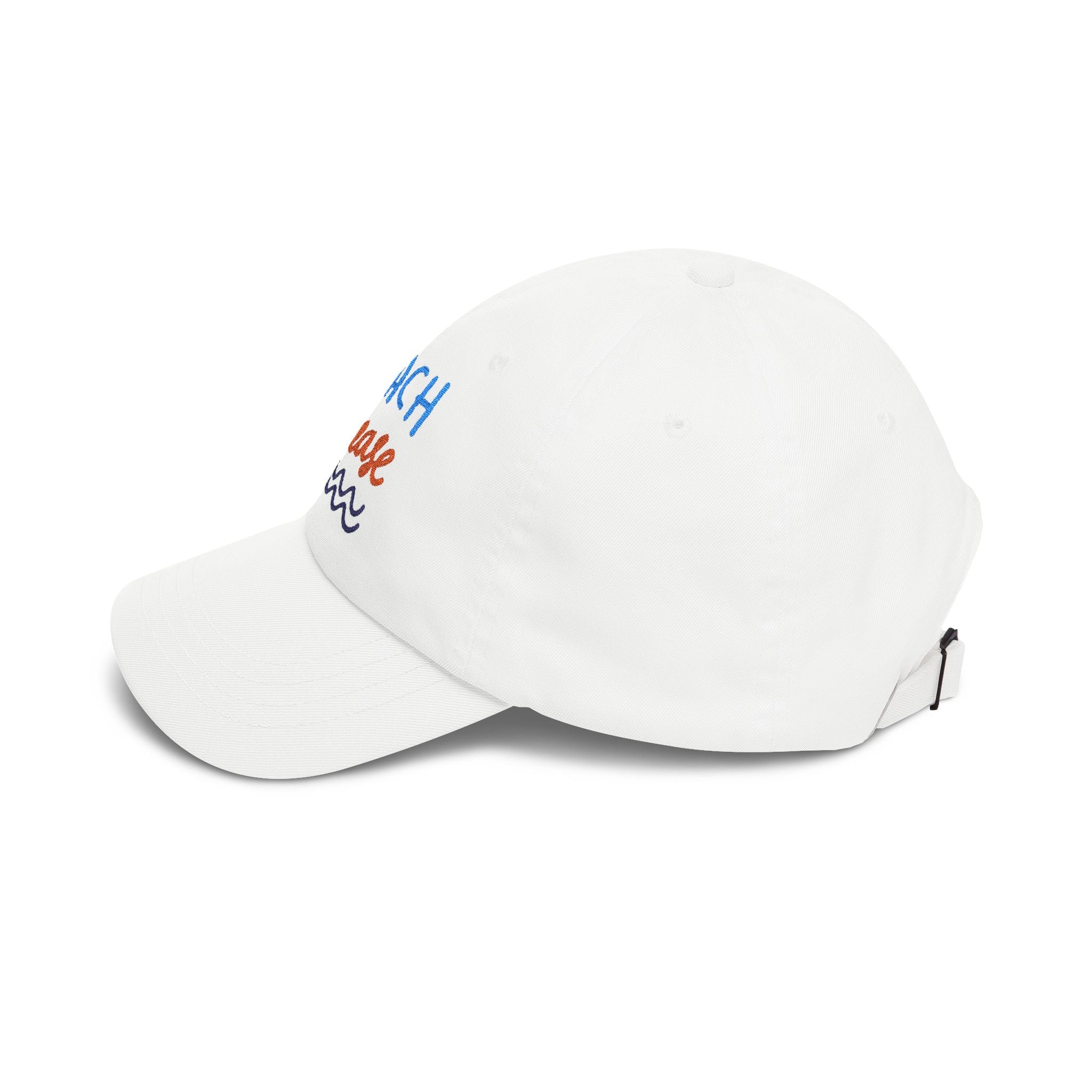 White dad cap with embroidered 'Beach Please' text, side view on a white background
