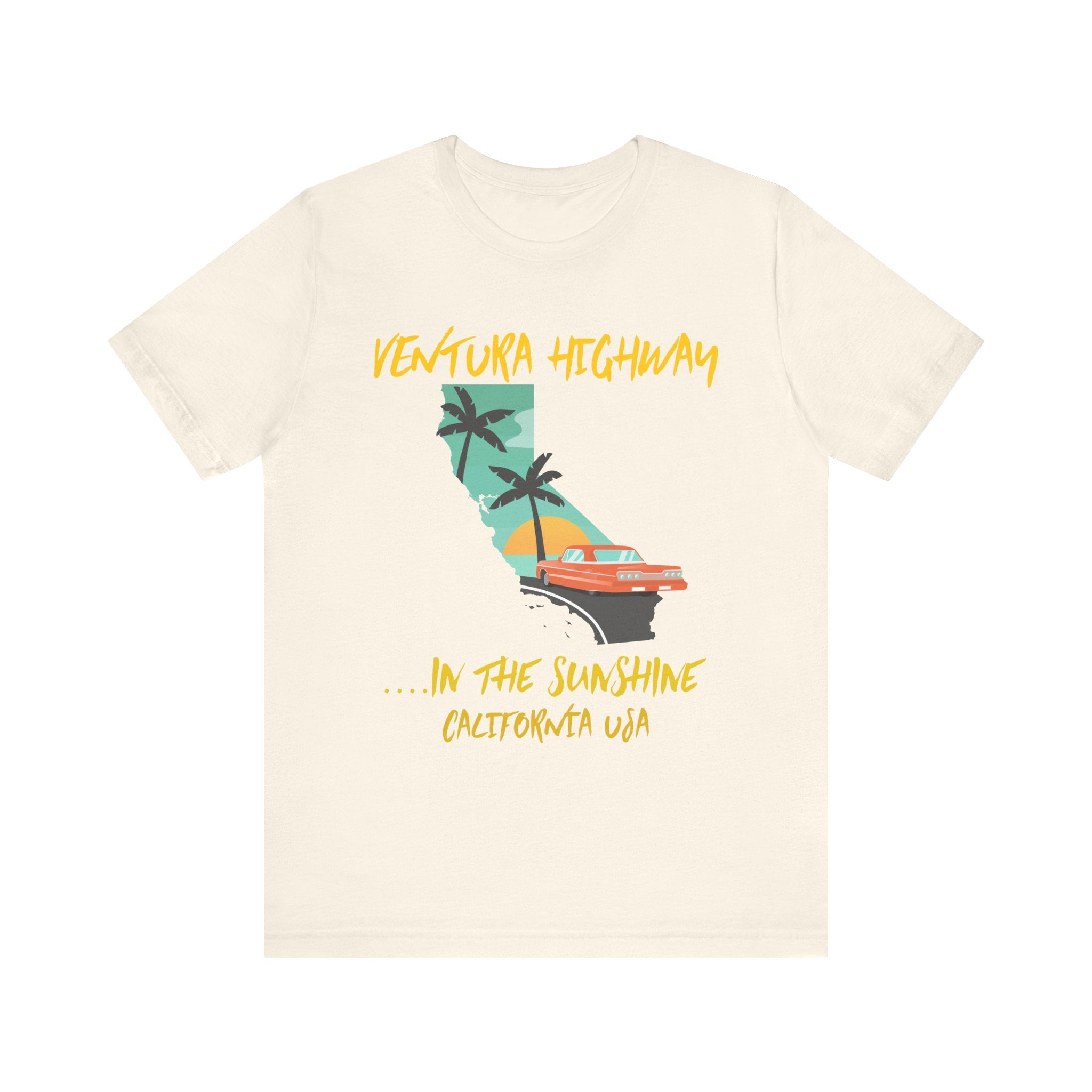 Beige t-shirt with a graphic design of California and text on a white background