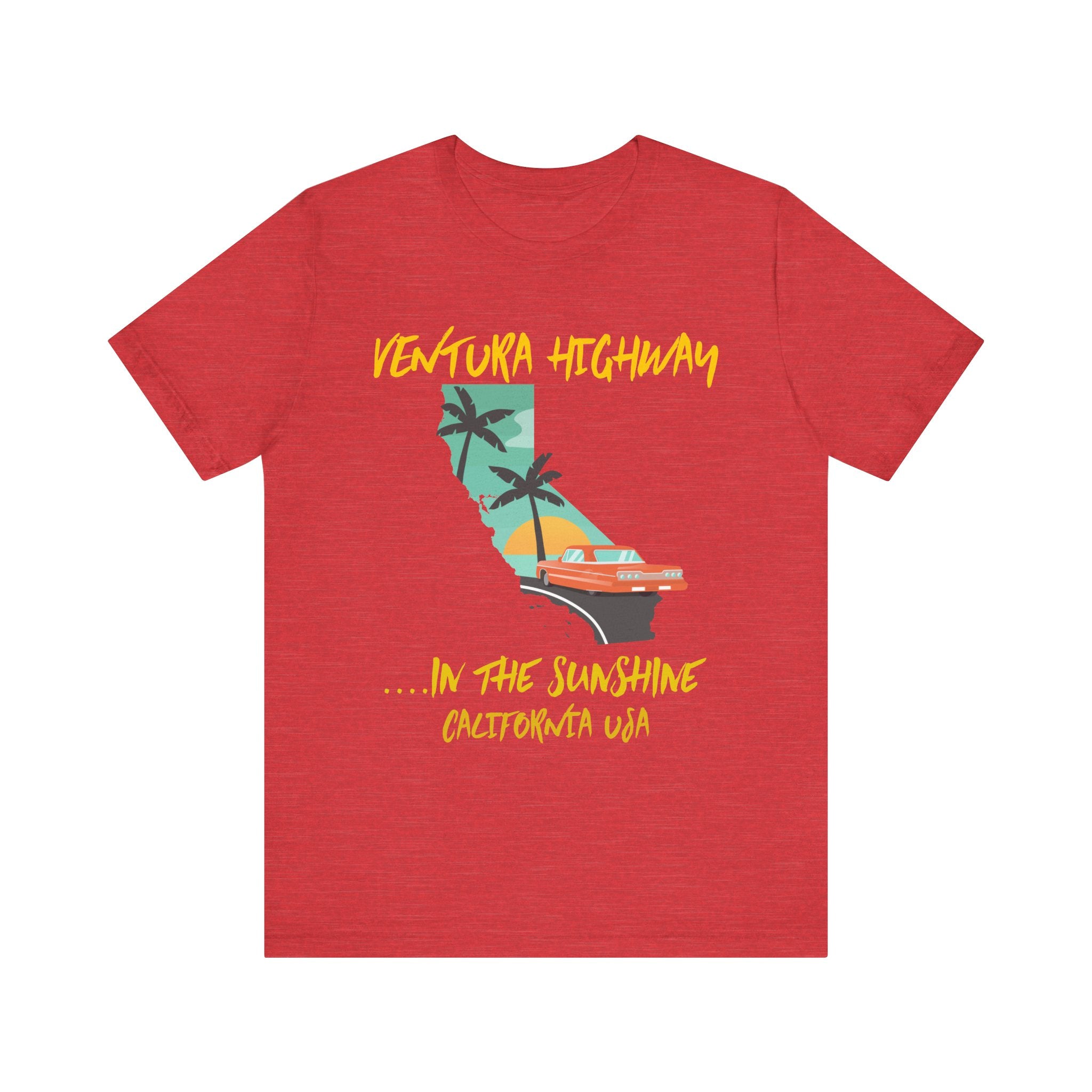 Red t-shirt with 'Ventura Highway' graphic design on a white background